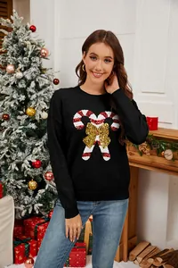 Maglione natalizio da donna con bastoncino di zucchero in paillettes e fiocco dorato