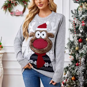 Casual Loose Grey Knit Christmas Reindeer Sweater For Family Adult Child Pullover With LED Lights Festive Autumn Winter Top