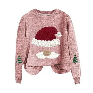 Women Christmas Sweater Loose Fit Round Neck Pullover Long Sleeve Top Embroidered Santa Hat Christmas Tree Patterns Festive Knitwear