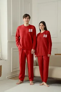 Cozy red plush couple loungewear set with number 88 embroidery for winter comfort