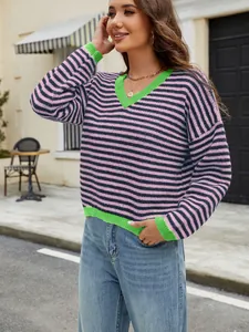 Stylish women's V-neck striped knit sweater with vibrant green contrast trim details