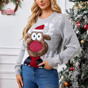 Cozy grey knit Christmas sweater featuring a large cartoon reindeer design for women.