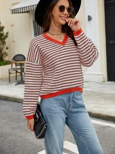 Women's stylish casual striped V-neck pullover sweater for autumn winter fashion