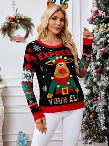Pull de Noël festif pour femme avec renne 3D, pompons et broderie pailletée