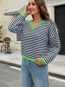 Casual striped V-neck pullover sweater with vibrant neon green contrast trim for women
