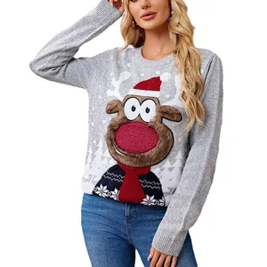 Casual grey Christmas knit sweater featuring a cute 3D reindeer design for women