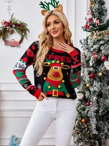 Pull de Noël festif pour femmes avec motif renne en 3D et détails en paillettes