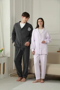 Cozy couple's fleece loungewear set with V-neck button-up cardigan and matching pants