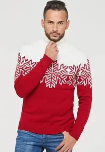 Dettaglio del maglione natalizio rosso e bianco a collo alto con motivo a fiocchi
