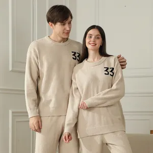 Soft fuzzy beige loungewear pajamas set for couples with number 33 embroidery detail