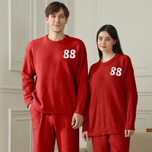 Cozy red plush fleece couple lounge wear set with embroidery 88 detail for winter