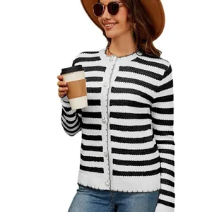 Chaqueta de punto a rayas para mujer con botones de perlas para otoño