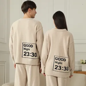 Comfortable matching beige half velvet fleece couple's pajamas set with back print loungewear