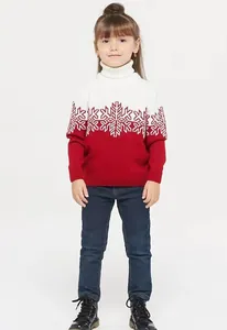 Maglione natalizio rosso e bianco per bambina con motivi a fiocco di neve lavorati