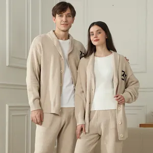 Couples V-Neck Loungewear Set Thick Polyester Button Down Cardigan Top And Bottom Home Wear Pajamas For Autumn Winter