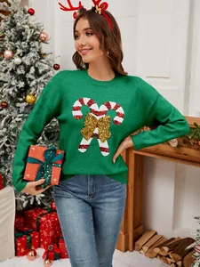 Maglione natalizio verde da donna con motivo a bastoncino di zucchero paillettes