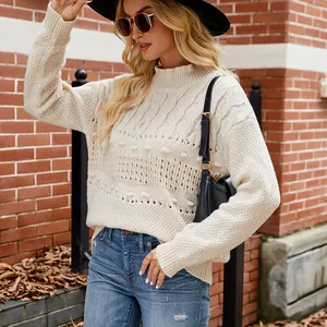 Women Casual Cable Knit Pullover Sweater Solid Color Long Sleeve Hollow Out Crochet Jumper Autumn Winter Fashion Top