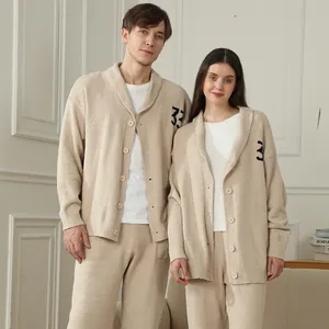 Minimalist couples V-neck fleece loungewear set with cozy cardigan and pants