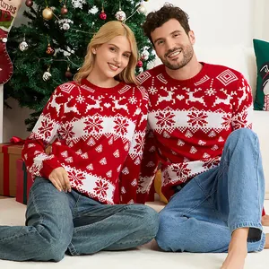 Matching Christmas sweaters for couples with reindeer and snowflake knit patterns