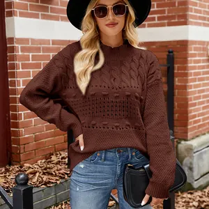 Stylish women's casual brown cable-knit pullover sweater for autumn and winter outfits