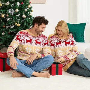 Pull de Noël en maille avec motifs de rennes et flocons de neige dans un décor de fête.
