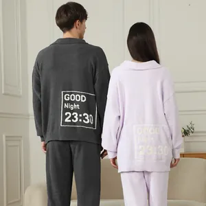 Cozy couple's pajama set with V-neck sweaters and plush loungewear pants for winter