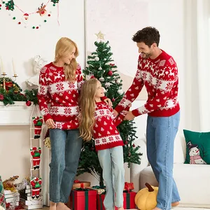 Cozy family Christmas matching knit sweaters featuring festive reindeer and snowflake patterns