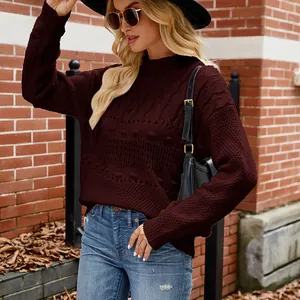 Fashionable wine red cable-knit long sleeve pullover sweater for casual autumn outings
