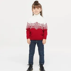 Maglione natalizio a dolcevita per bambini rosso e bianco con un classico motivo a fiocchi di neve