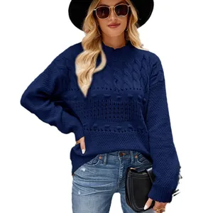 Chic women's navy blue oversized cable-knit sweater casual long sleeve pullover