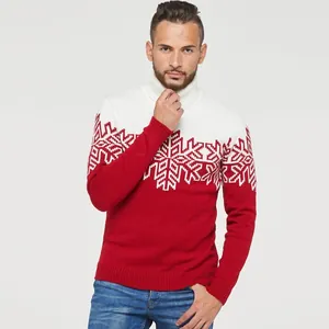 Maglione natalizio festivo a collo alto da uomo rosso e bianco con fiocchi di neve
