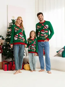 Suéter de Navidad Festivo de Acrílico Jacquard con Reno y Papá Noel Cuello Redondo Manga Larga para Familia Parejas Fiesta de Navidad