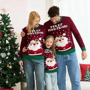 Jerseys de Navidad burdeos a juego para toda la familia con Papá Noel y Feliz Navidad