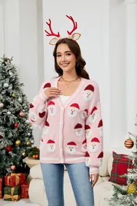 Damen Strickjacke in Rosa mit festlichem Weihnachtsmann-Jacquardmuster für Weihnachten