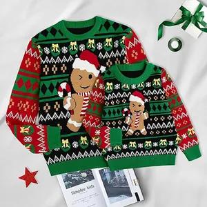 Pulls de Noël assortis bonhomme de pain d'épice pour parent et enfant en vert et rouge