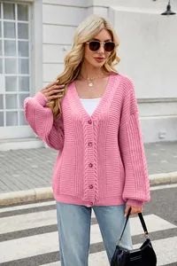 Casual pink V-neck cable knit cardigan sweater with balloon sleeves for autumn