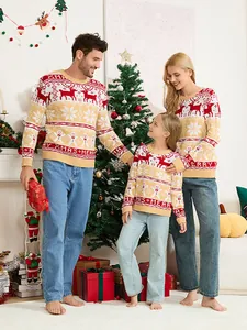 Pull de Noël Assorti pour la Famille Renne Flocon de Neige Jacquard en Maille Acrylique pour Hommes Femmes Enfants Fête