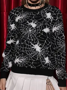 Gothischer schwarz-weißer Spinnennetz-Jacquard-Pullover für Halloween