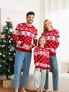 Christmas Family Matching Reindeer Snowflake Jacquard Knit Sweater Crew Neck Long Sleeve Casual Festive Pullover Top