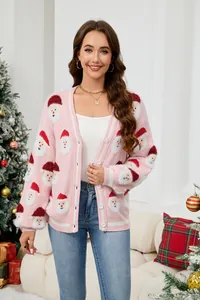 Lässige rosa Weihnachtsstrickjacke mit festlichem Weihnachtsmann-Jacquard-Muster