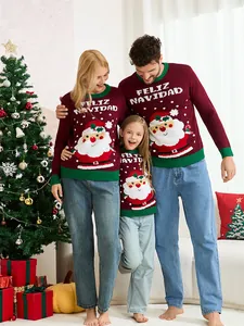 Suéter de Navidad Jacquard de Acrílico Papá Noel Jersey Manga Larga Color de Contraste Suéter de Punto Familiar para Invierno