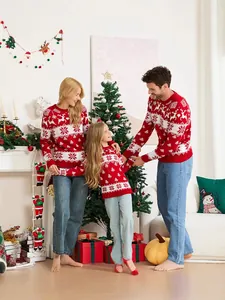 Cozy Christmas family matching sweaters with red reindeer and snowflake jacquard patterns
