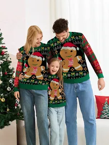 Pulls de Noël festifs pour la famille avec motif de bonhomme en pain d'épices et accents verts