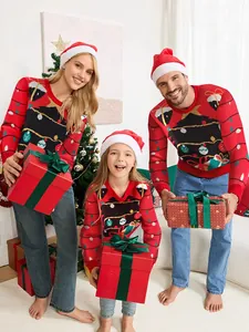 Suéter de Punto Jacquard de Árbol de Navidad Rojo Estilo Relajado Holgado Top para Mujeres Hombres Niños Familia Navidad Fiesta