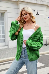 Women's loose green cable knit cardigan sweater with V-neck for autumn winter fashion