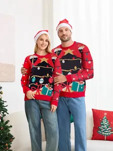 Conjunto de jerséis navideños de punto jacquard para parejas con gorros.
