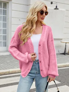 Loose pink cable knit cardigan with V-neck and long sleeves for autumn winter fashion