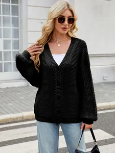 Elegant black oversized V-neck cable knit cardigan sweater for women in street style