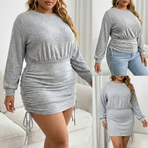 Women's plus size grey long sleeve mini dress featuring adjustable drawstring ruching