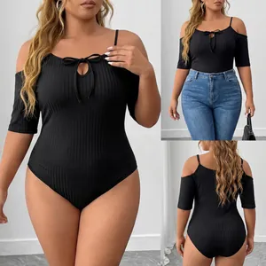 Plus size black ribbed bodysuit featuring cold shoulder design and front tie detail views
